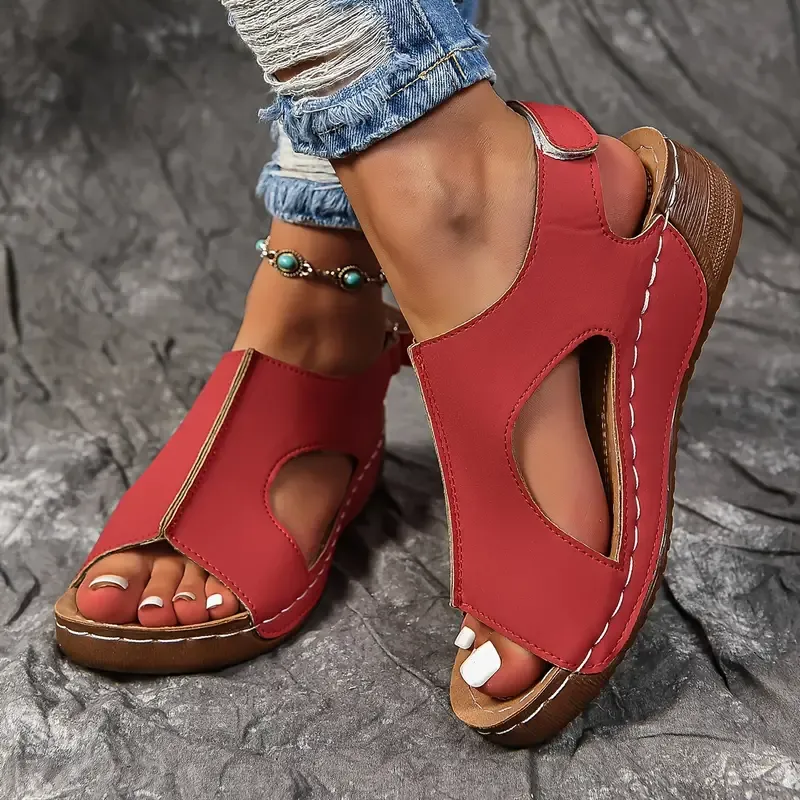🔥Last Day Promotion 50% OFF - Women's Solid Colour Wedge Heel Leather Sandals