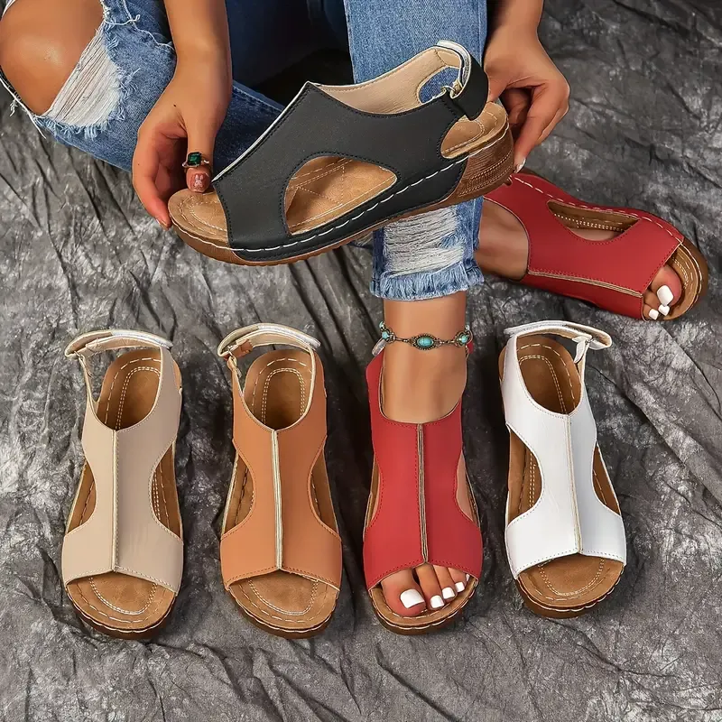 🔥Last Day Promotion 50% OFF - Women's Solid Colour Wedge Heel Leather Sandals