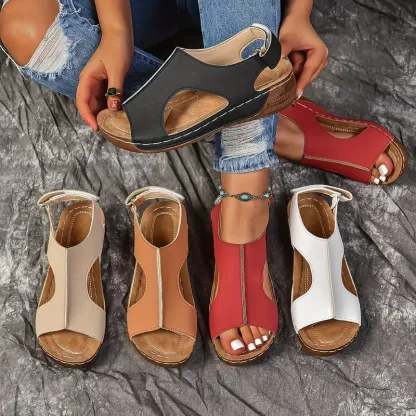 🔥Last Day Promotion 50% OFF - Women's Solid Colour Wedge Heel Leather Sandals