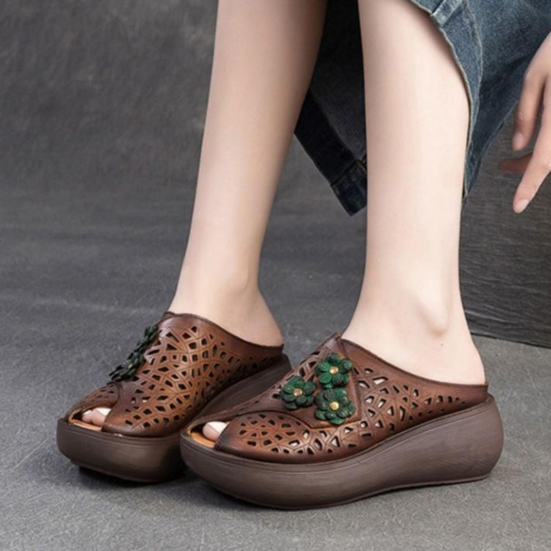 🔥Last Day Promotion 50% OFF - Women’s Vintage-Style Handmade Floral Genuine Leather Thick-Soled Wedge Sandals