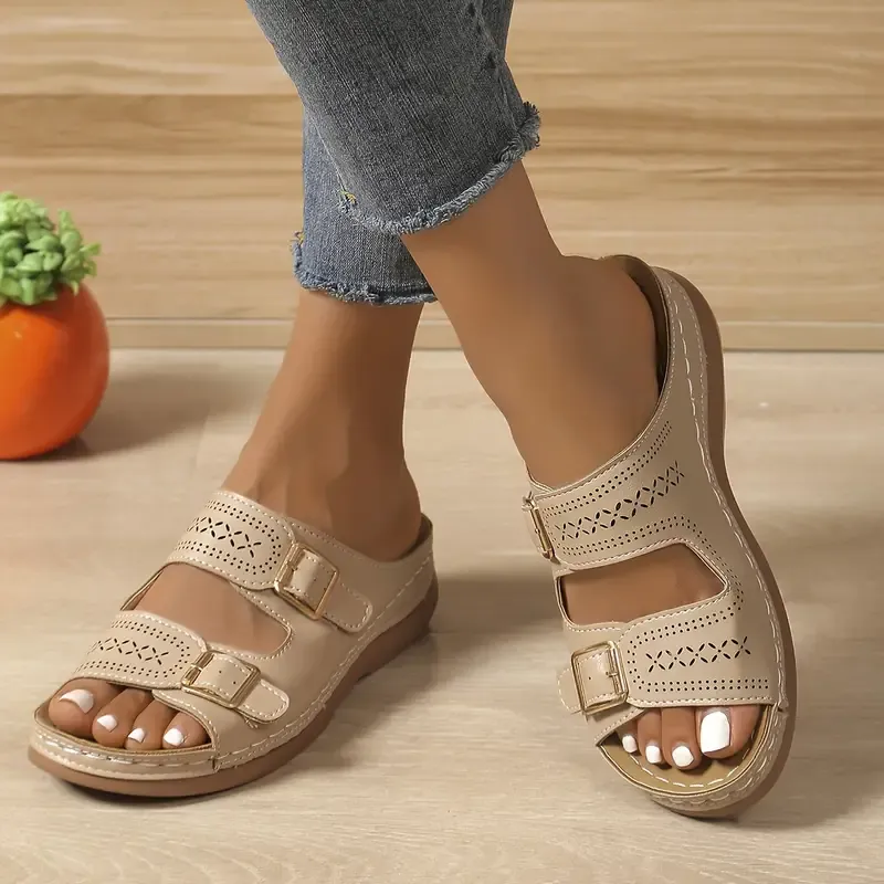 🔥Last Day Promotion 50% OFF - Women's Solid Colour Slope Heel Orthopaedic Leather Sandals