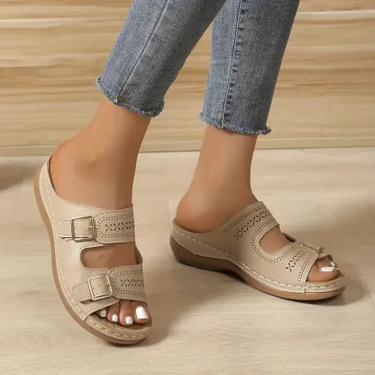 🔥Last Day Promotion 50% OFF - Women's Solid Colour Slope Heel Orthopaedic Leather Sandals