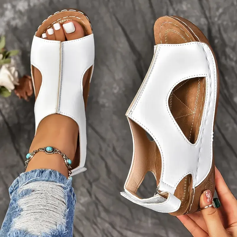 🔥Last Day Promotion 50% OFF - Women's Solid Colour Wedge Heel Leather Sandals