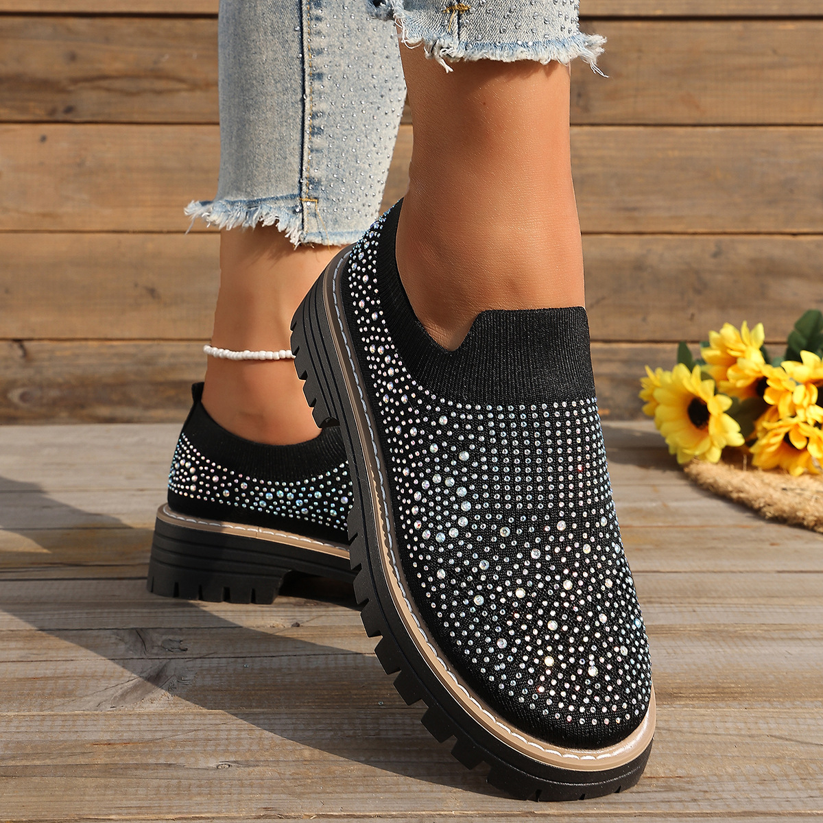 🔥Last Day Promotion 50% OFF - Women’s Fashionable Rhinestone Thick Sole Loafers