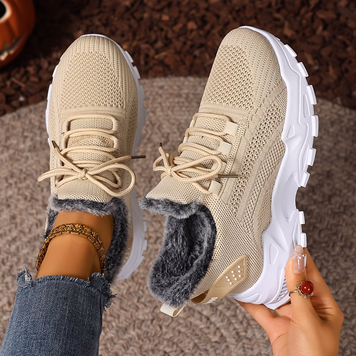 womens winter warm slip resistant plush lining sneakers running boots slip on low top shoes with cushioned pvc sole for travel casual red grey beige hand washable fabric upper fits 3 14