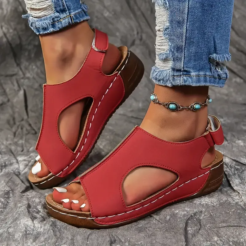 🔥Last Day Promotion 50% OFF - Women's Solid Colour Wedge Heel Leather Sandals