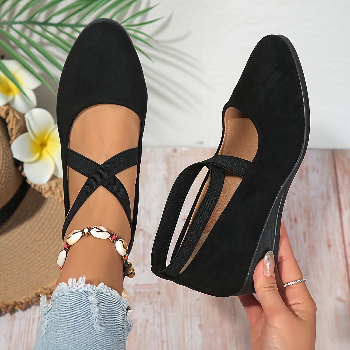 🔥Last Day Promotion 50% OFF - Women's Elastic Cross Strap Slip-On Wedge Shoes