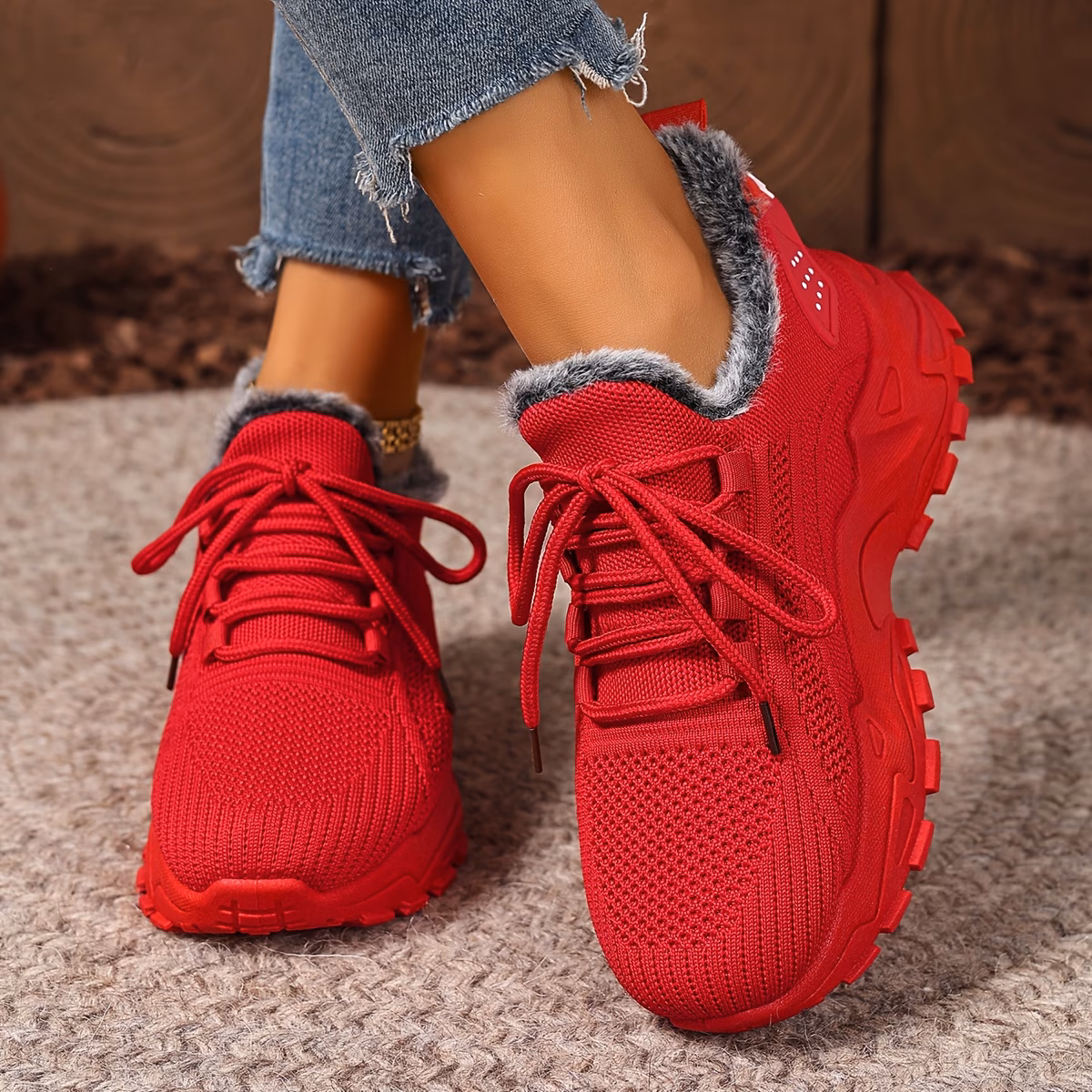 womens winter warm slip resistant plush lining sneakers running boots slip on low top shoes with cushioned pvc sole for travel casual red grey beige hand washable fabric upper fits 8