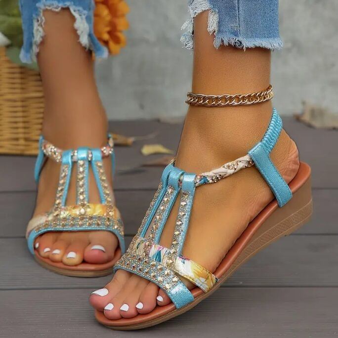🔥Last Day Promotion 50% OFF - Women's Rhinestone Embellished Glitter Slip Resistant Slope Heel Orthopedic Sandals