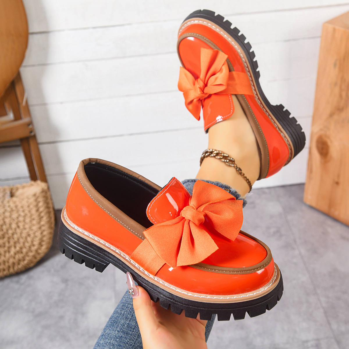 🔥Last Day Promotion 50% OFF - Womens Genuine Leather Bow Chunky Platform Loafers