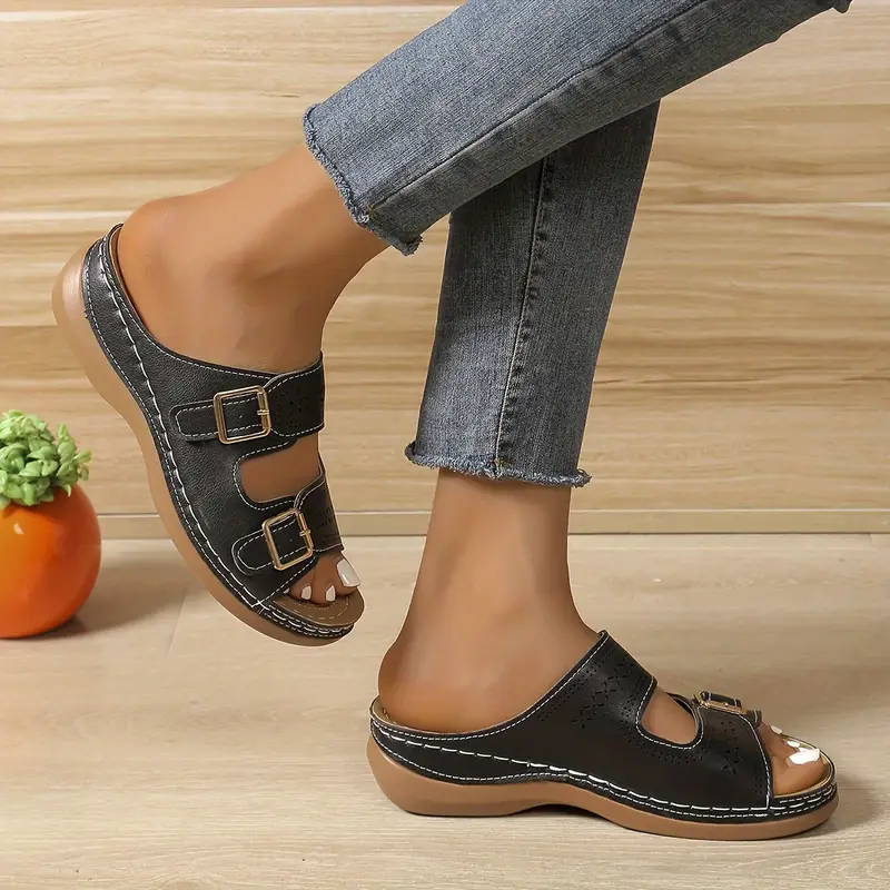 🔥Last Day Promotion 50% OFF - Women's Solid Colour Slope Heel Orthopaedic Leather Sandals