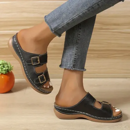 🔥Last Day Promotion 50% OFF - Women's Solid Colour Slope Heel Orthopaedic Leather Sandals