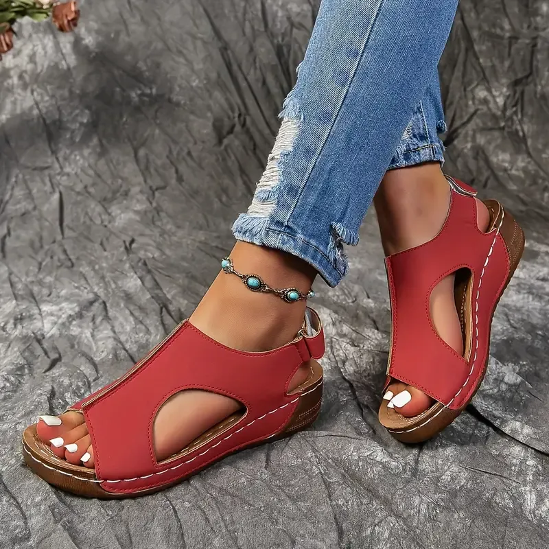 🔥Last Day Promotion 50% OFF - Women's Solid Colour Wedge Heel Leather Sandals