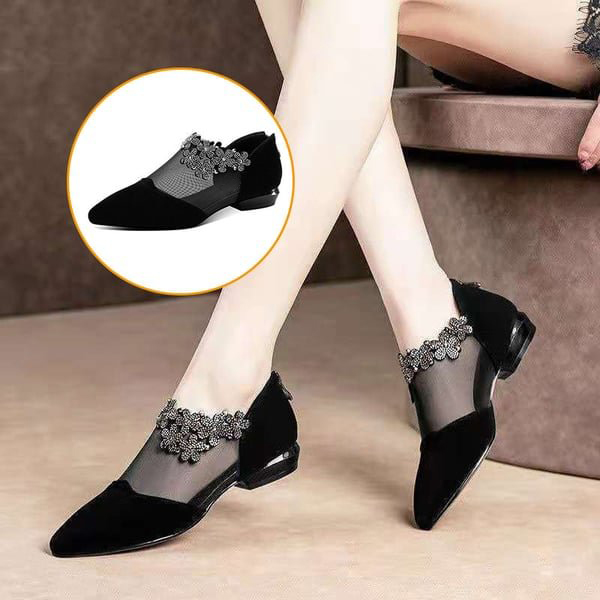🔥Last Day Promotion 50% OFF - Comfortable Women's Rhinestone Flowers Zip Low Heels