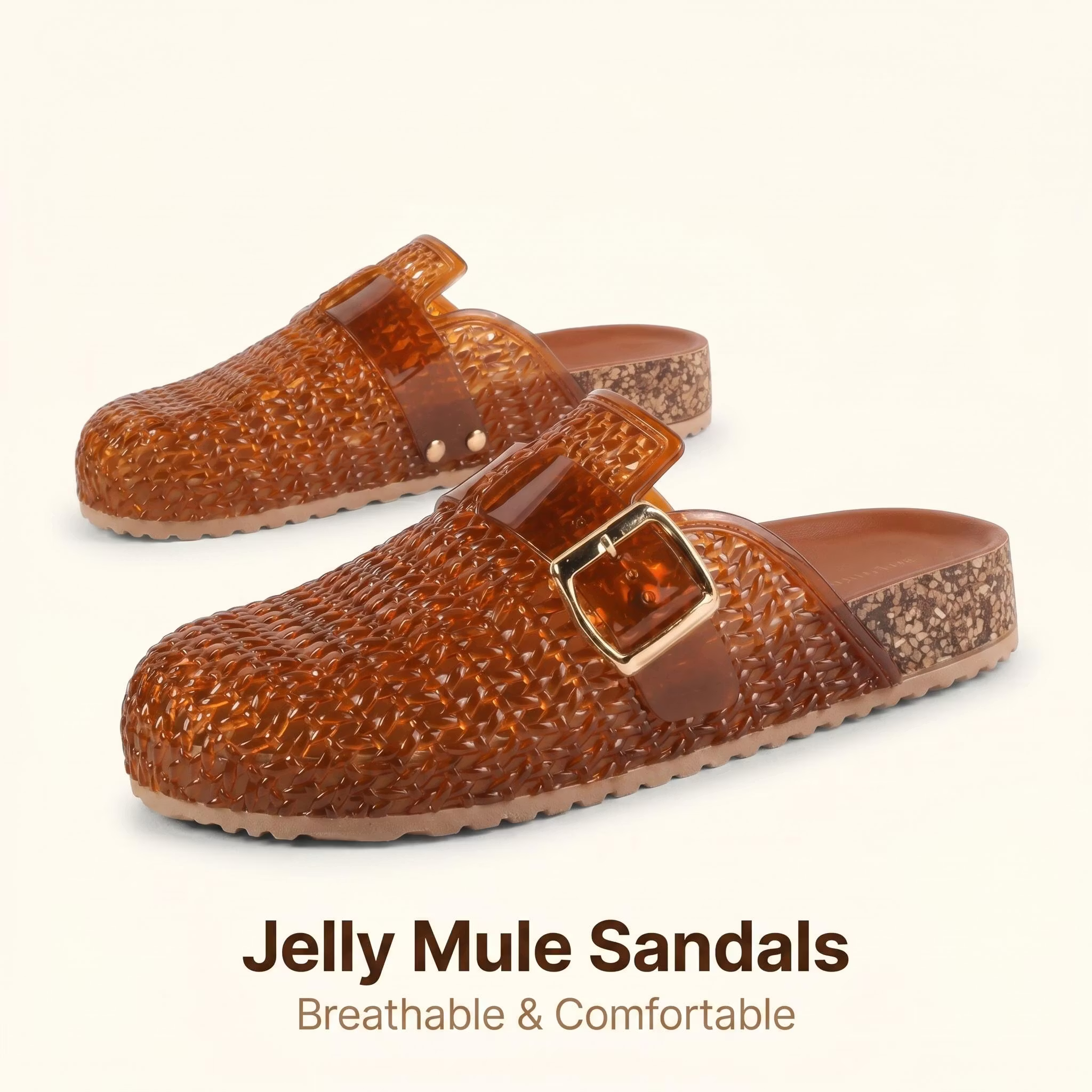 🔥Last Day Promotion 50% OFF - Ladies Breathable Slip-On Jelly Clogs Adjustable Buckle Cork Cushioned Insole