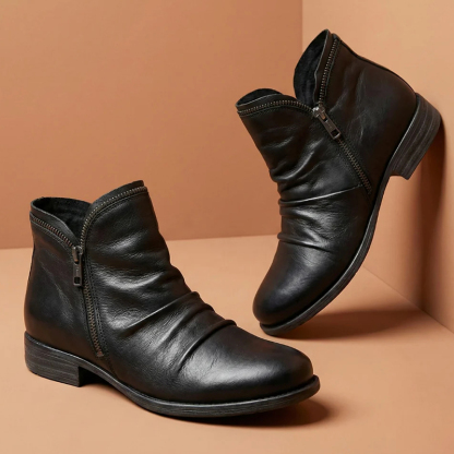 🔥Last Day Promotion 50% OFF - Women's Low Heel Round Toe Zipper Leather Ankle Boots