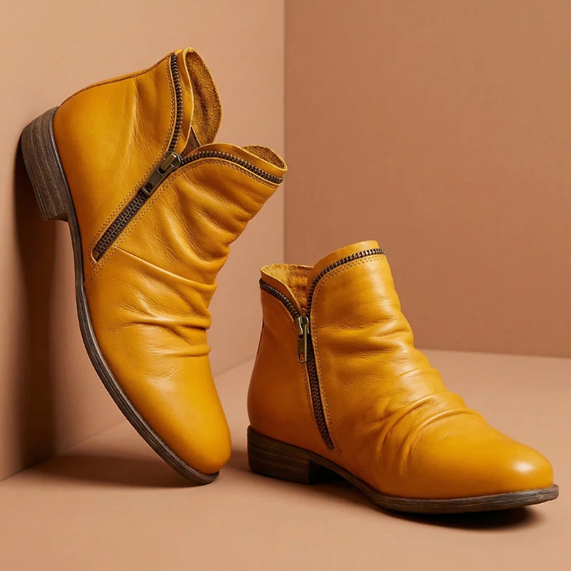 🔥Last Day Promotion 50% OFF - Women's Low Heel Round Toe Zipper Leather Ankle Boots