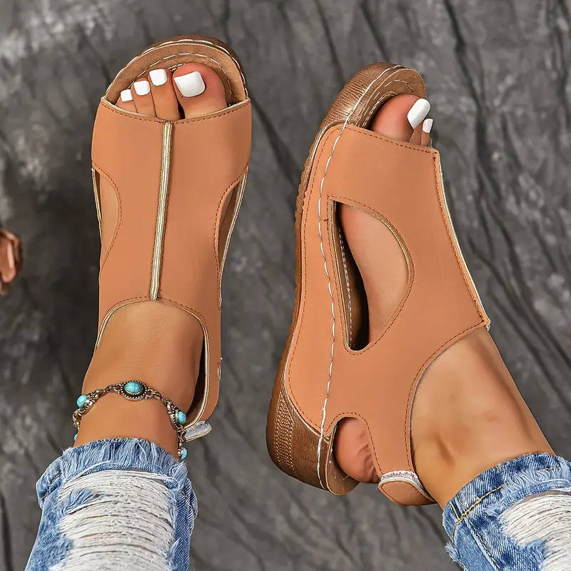 🔥Last Day Promotion 50% OFF - Women's Solid Colour Wedge Heel Leather Sandals