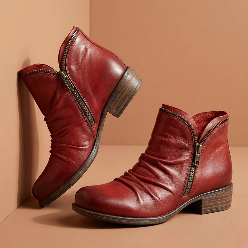 🔥Last Day Promotion 50% OFF - Women's Low Heel Round Toe Zipper Leather Ankle Boots