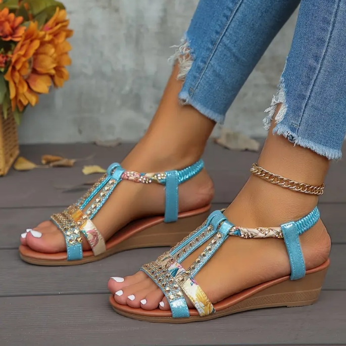 🔥Last Day Promotion 50% OFF - Women's Rhinestone Embellished Glitter Slip Resistant Slope Heel Orthopedic Sandals
