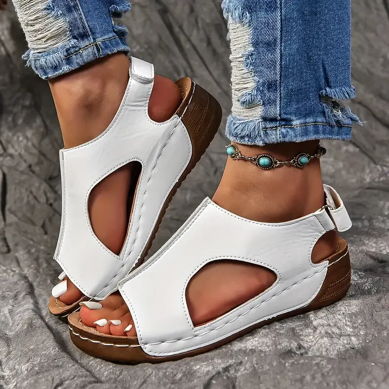 🔥Last Day Promotion 50% OFF - Women's Solid Colour Wedge Heel Leather Sandals