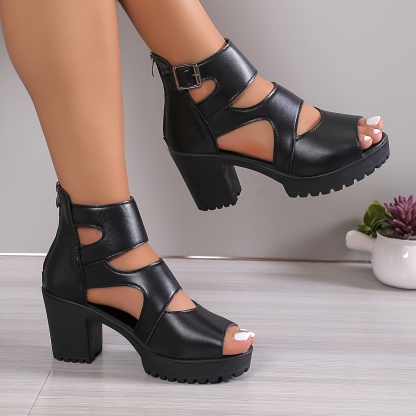 🔥Women's Elegant Thick High Heel Fish Mouth Cut-Out Leather Sandals