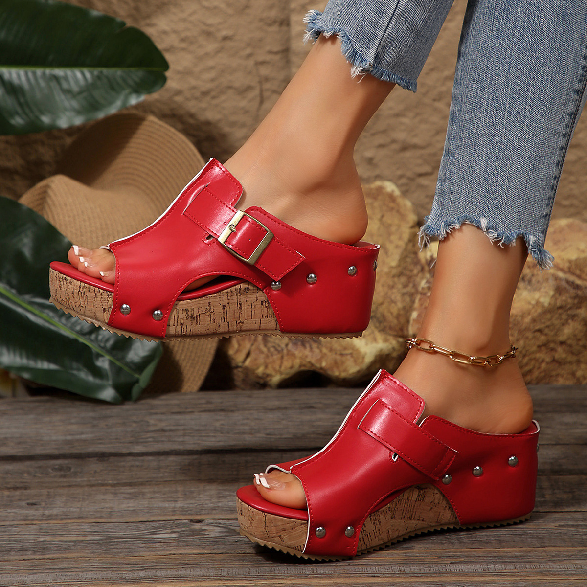 🔥Last Day Promotion 50% OFF - Women's Studded Embellished Thick Leather Orthopaedic Sandals