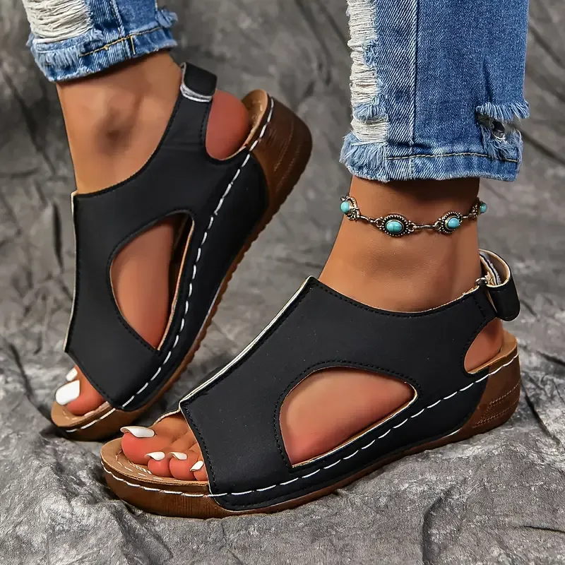 🔥Last Day Promotion 50% OFF - Women's Solid Colour Wedge Heel Leather Sandals