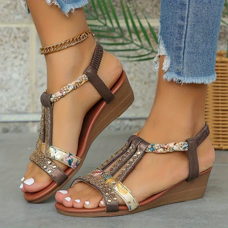 🔥Last Day Promotion 50% OFF - Women's Rhinestone Embellished Glitter Slip Resistant Slope Heel Orthopedic Sandals