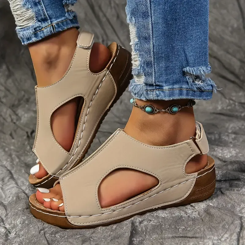 🔥Last Day Promotion 50% OFF - Women's Solid Colour Wedge Heel Leather Sandals