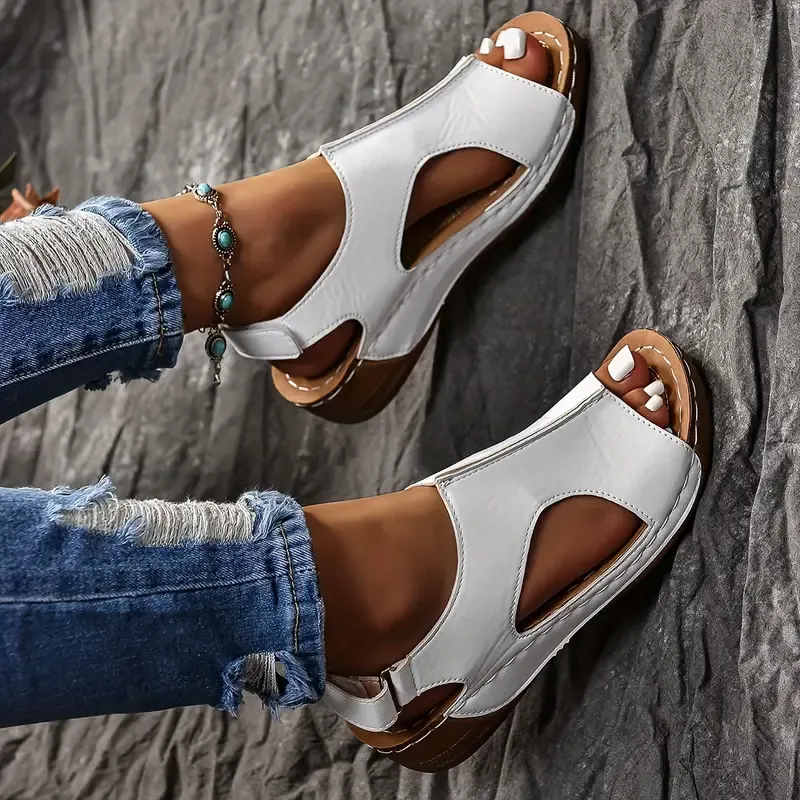 🔥Last Day Promotion 50% OFF - Women's Solid Colour Wedge Heel Leather Sandals