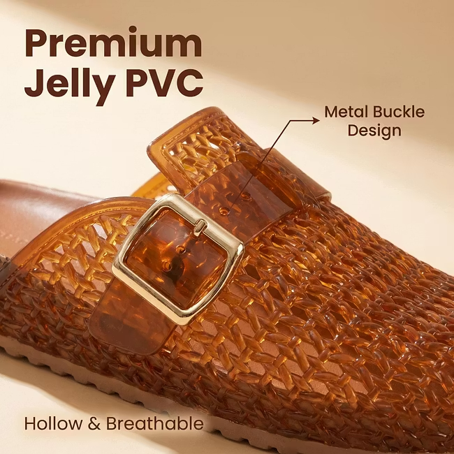 🔥Last Day Promotion 50% OFF - Ladies Breathable Slip-On Jelly Clogs Adjustable Buckle Cork Cushioned Insole