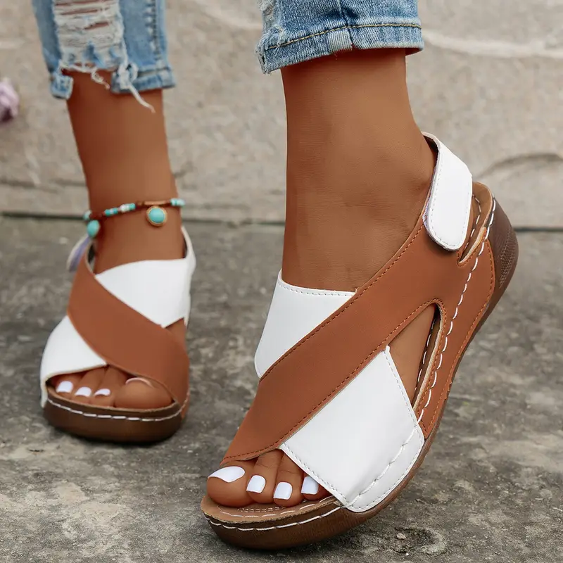 womens contrast color wedge sandals crisscross strap open toe summer shoes comfy breathable outdoor sandals 36 tan 12