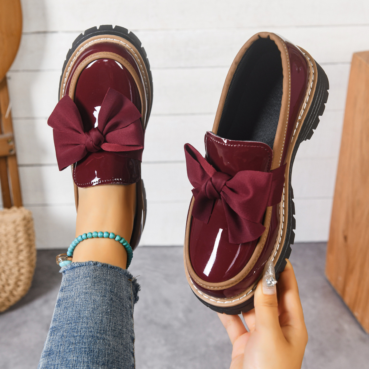 🔥Last Day Promotion 50% OFF - Womens Genuine Leather Bow Chunky Platform Loafers