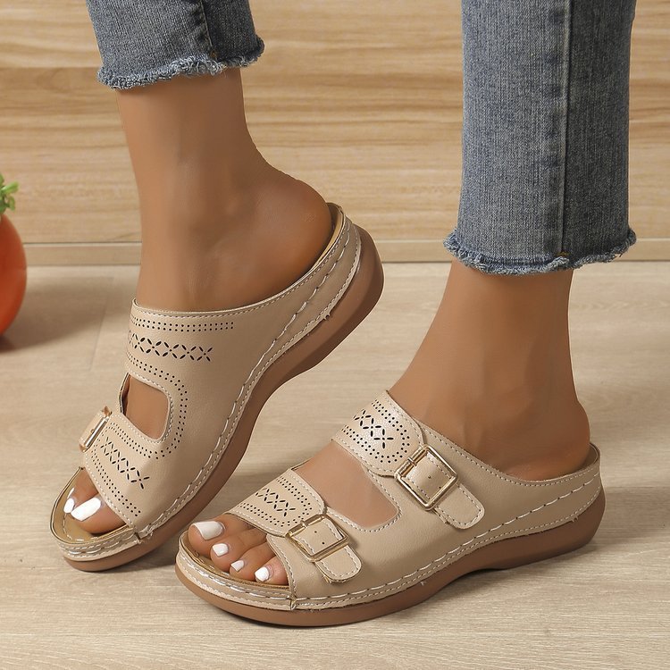🔥Last Day Promotion 50% OFF - Women's Solid Colour Slope Heel Orthopaedic Leather Sandals