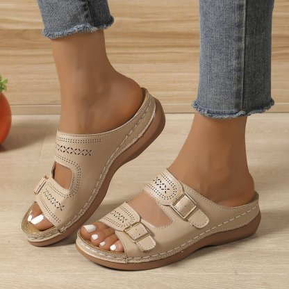 🔥Last Day Promotion 50% OFF - Women's Solid Colour Slope Heel Orthopaedic Leather Sandals