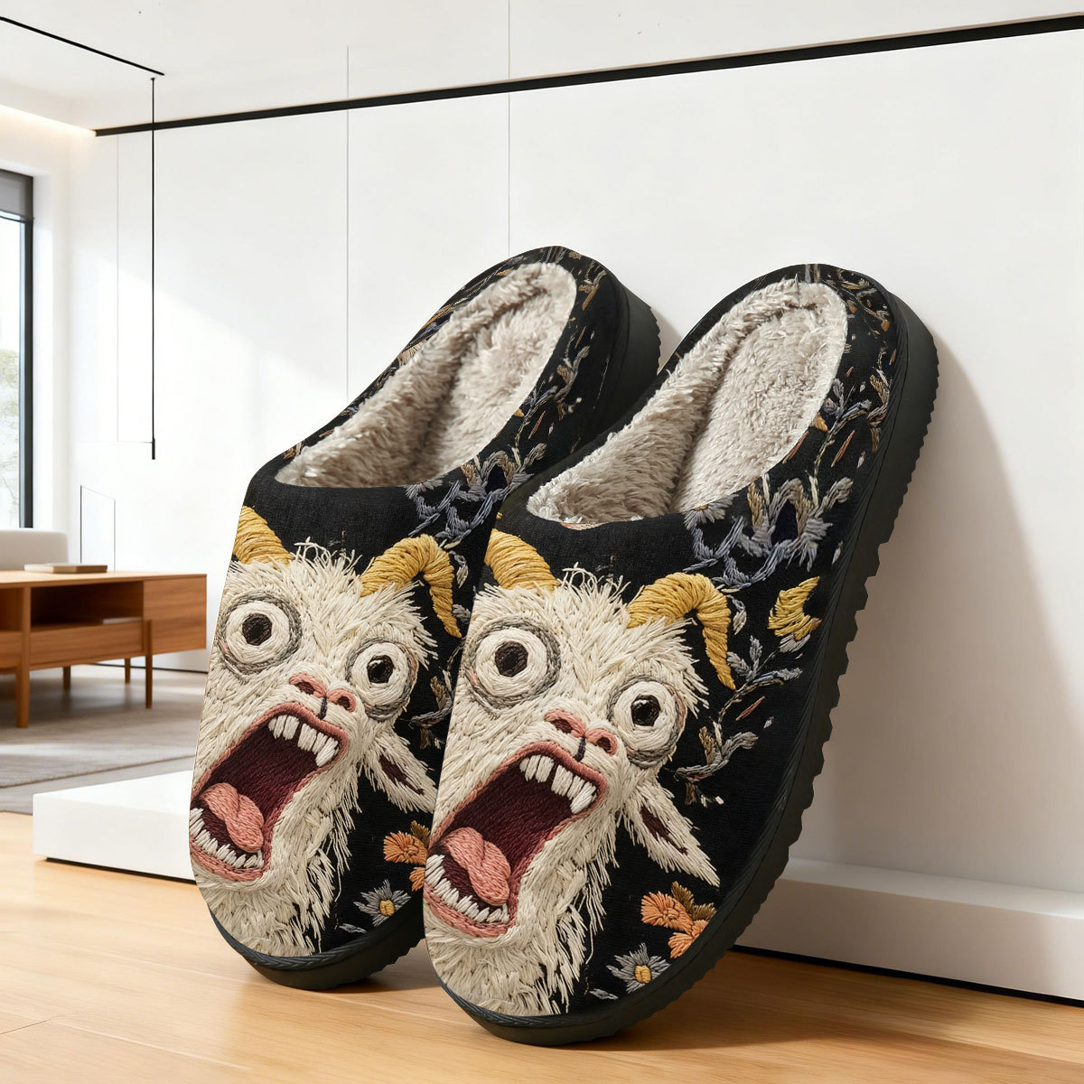 🔥Last Day 50% OFF - Screaming Goat Embroidered Slippers — Funny Gift, Non-Slip Warm House Shoes with Cozy Fleece Lining