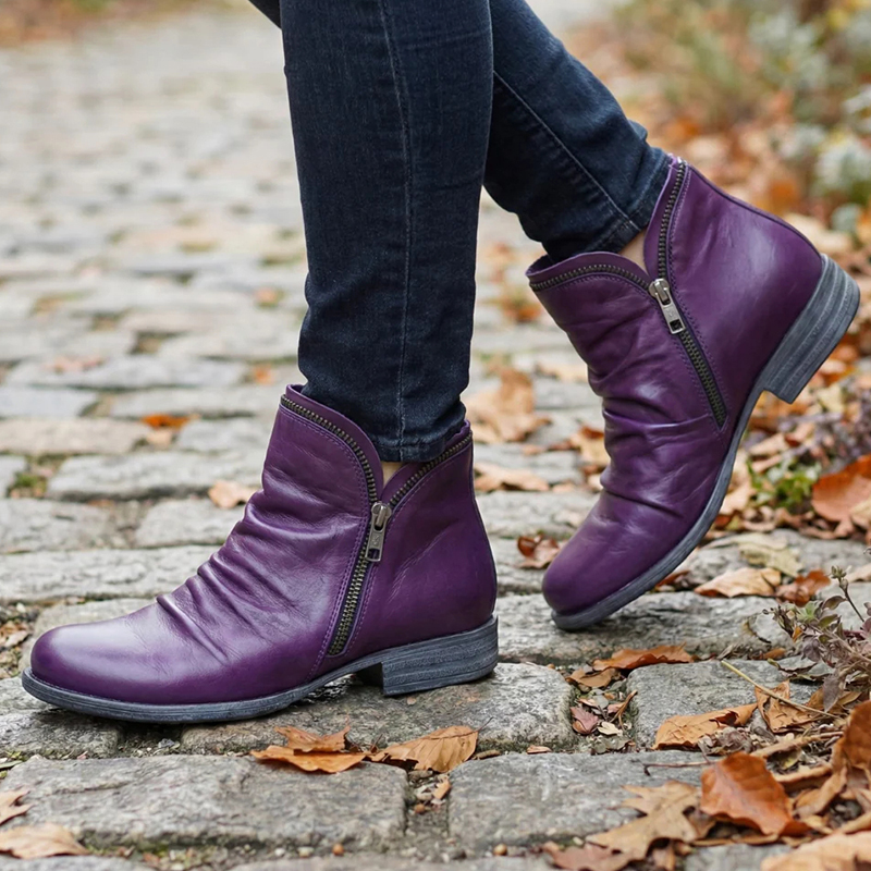 🔥Last Day Promotion 50% OFF - Women's Low Heel Round Toe Zipper Leather Ankle Boots