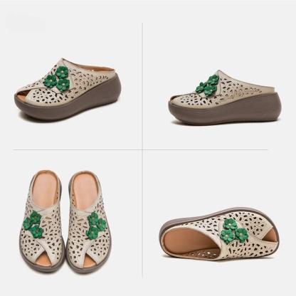 🔥Last Day Promotion 50% OFF - Women’s Vintage-Style Handmade Floral Genuine Leather Thick-Soled Wedge Sandals