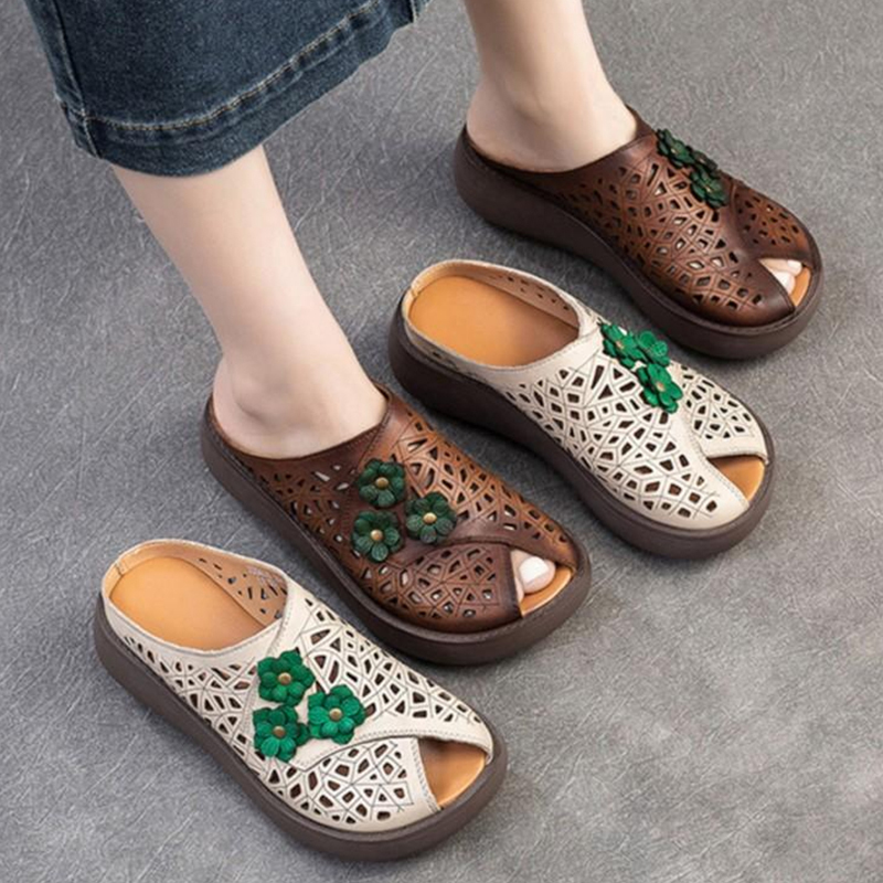 🔥Last Day Promotion 50% OFF - Women’s Vintage-Style Handmade Floral Genuine Leather Thick-Soled Wedge Sandals