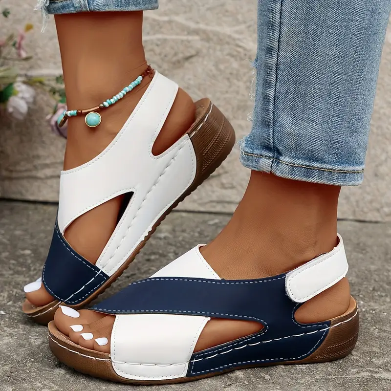 womens contrast color wedge sandals crisscross strap open toe summer shoes comfy breathable outdoor sandals 36 navy blue 10