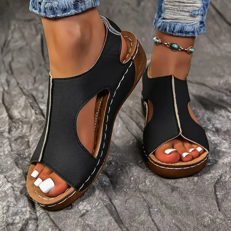 🔥Last Day Promotion 50% OFF - Women's Solid Colour Wedge Heel Leather Sandals