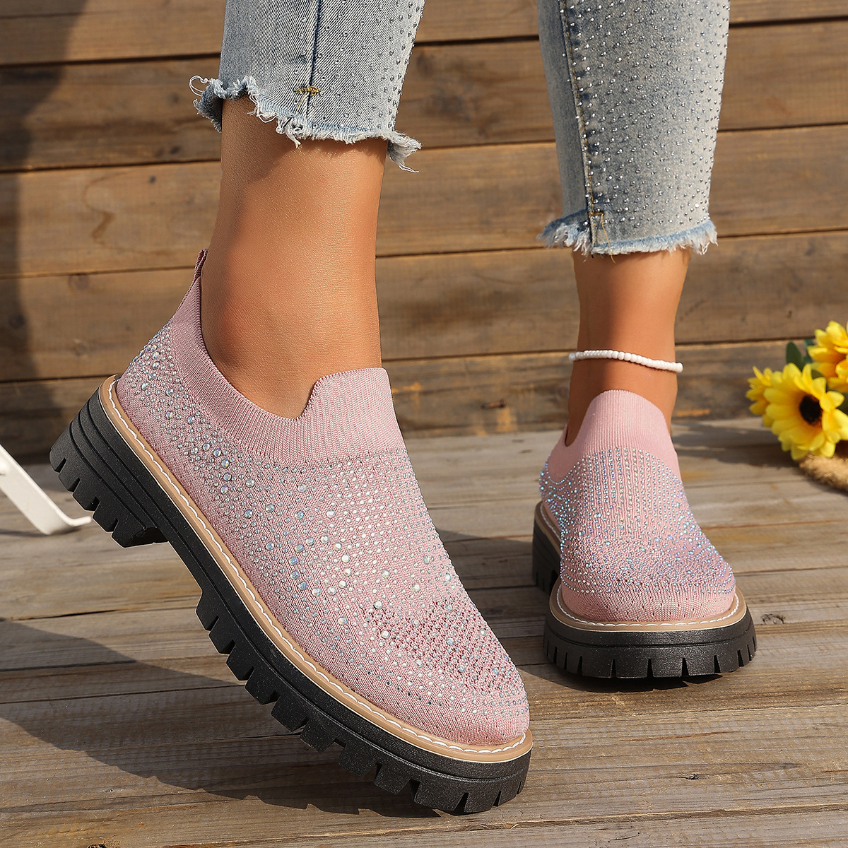 🔥Last Day Promotion 50% OFF - Women’s Fashionable Rhinestone Thick Sole Loafers