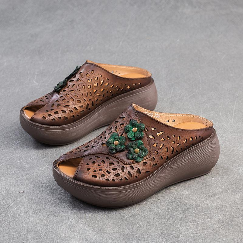 🔥Last Day Promotion 50% OFF - Women’s Vintage-Style Handmade Floral Genuine Leather Thick-Soled Wedge Sandals