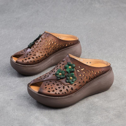 🔥Last Day Promotion 50% OFF - Women’s Vintage-Style Handmade Floral Genuine Leather Thick-Soled Wedge Sandals