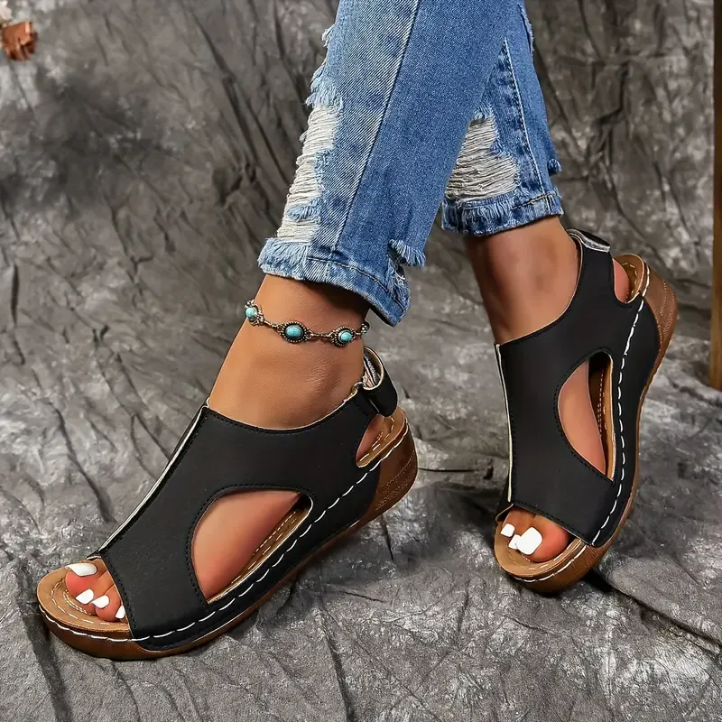 🔥Last Day Promotion 50% OFF - Women's Solid Colour Wedge Heel Leather Sandals