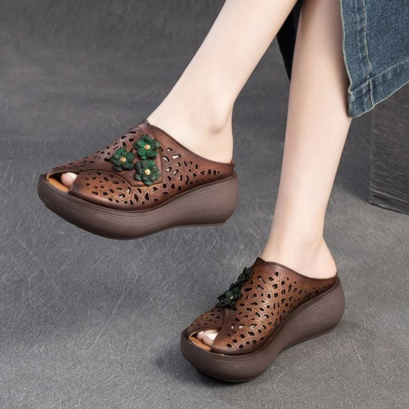 🔥Last Day Promotion 50% OFF - Women’s Vintage-Style Handmade Floral Genuine Leather Thick-Soled Wedge Sandals