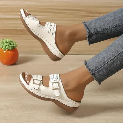 🔥Last Day Promotion 50% OFF - Women's Solid Colour Slope Heel Orthopaedic Leather Sandals