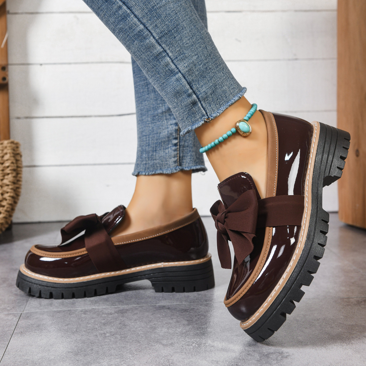 🔥Last Day Promotion 50% OFF - Womens Genuine Leather Bow Chunky Platform Loafers