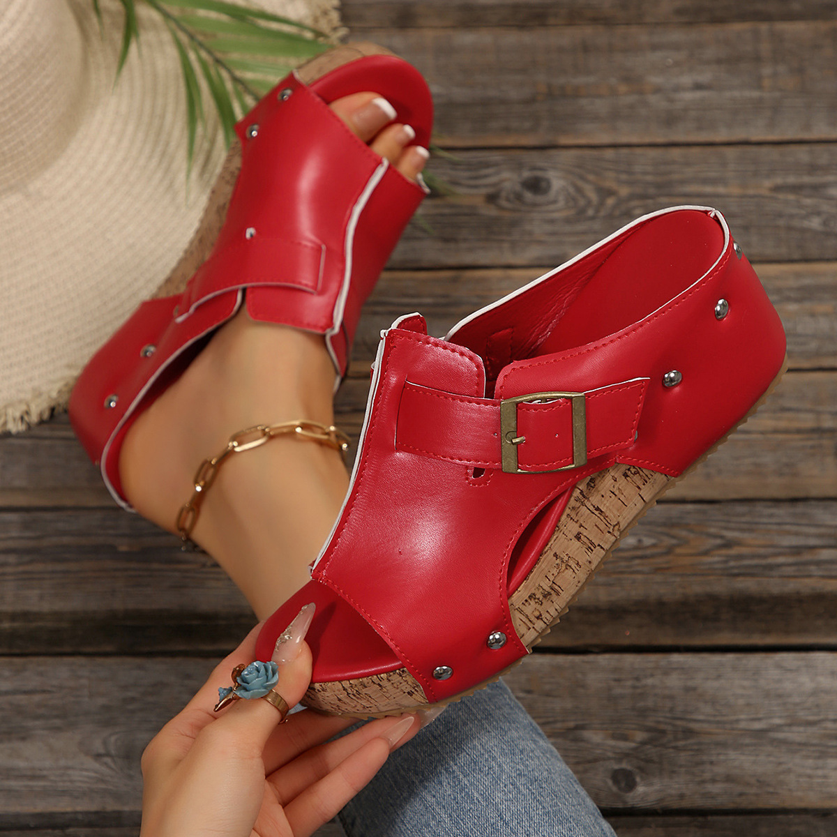 Women's Studded Embellished Thick Leather Orthopaedic Sandals